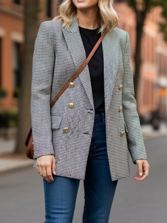 Zara Jackets & Blazers - ZARA Houndstooth Blazer Womens Small Double Breasted Gold Button Tailored Tweed